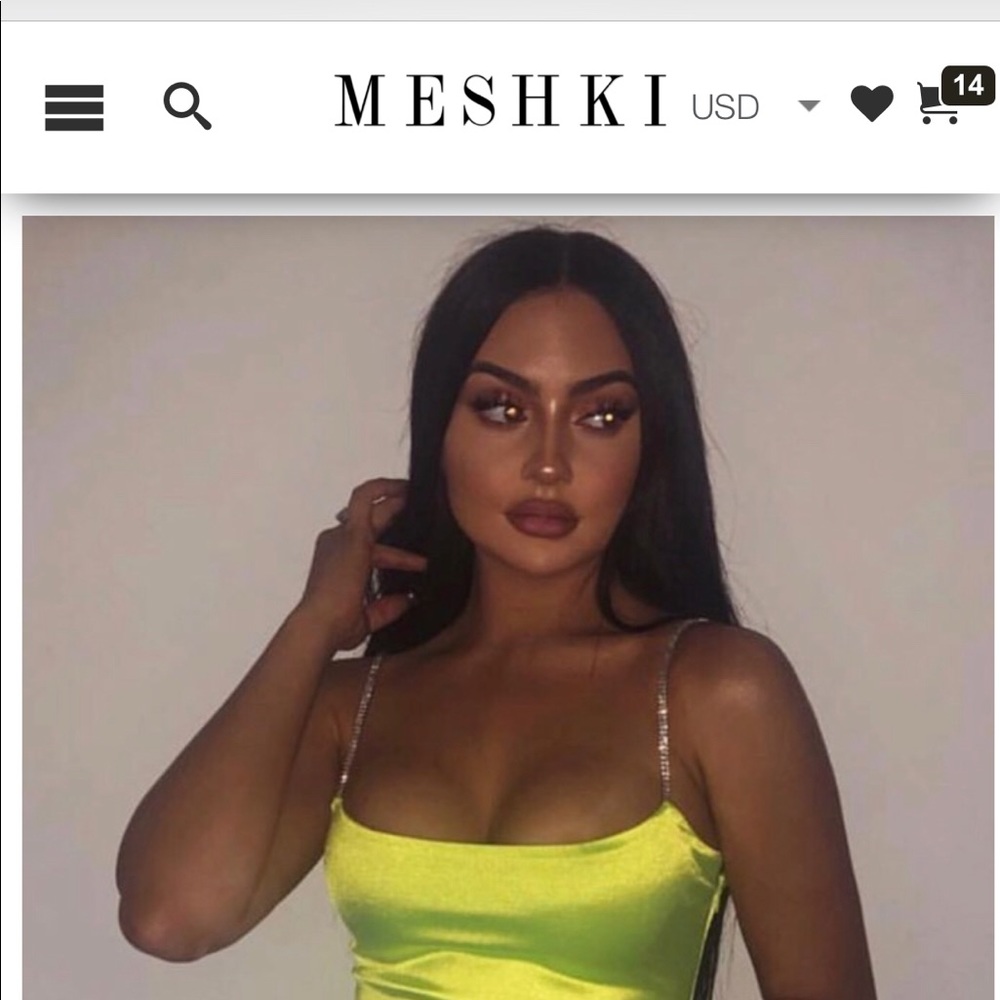 MESHKI RUBY DIAMANTE STRAP MINI DRESS -NEON YELLOW